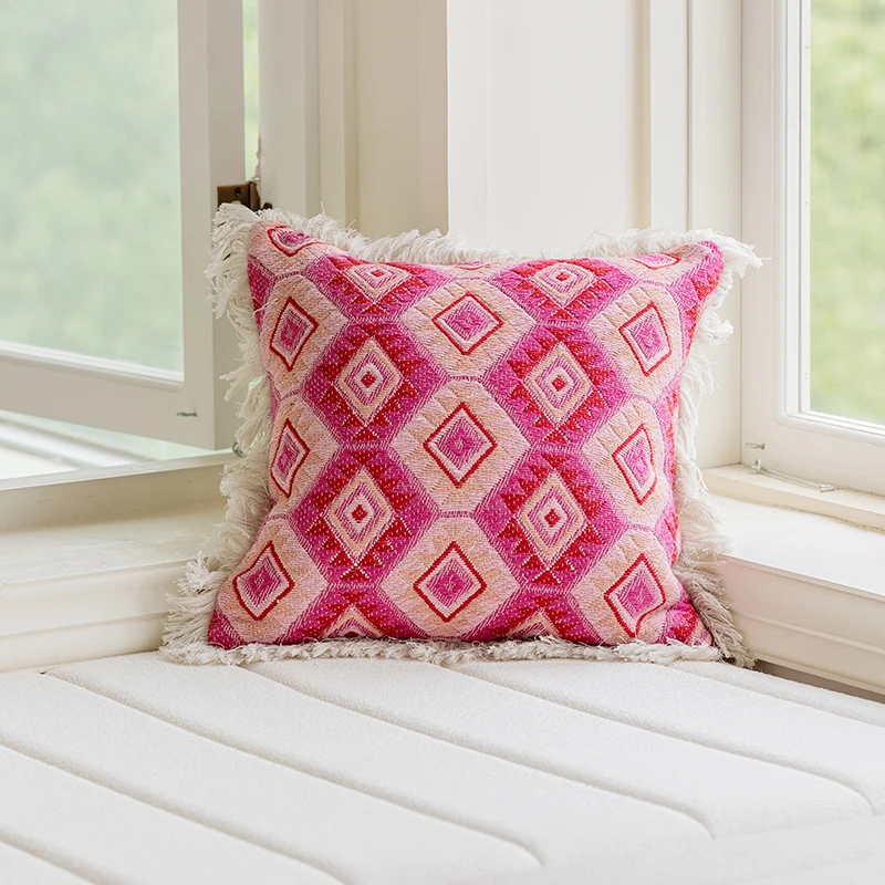 핑크 Boho 레트로 쿠션 커버 다이아몬드 앵무새 깃털 던져 베개 케이스 45x45cm 홈 소파 침대 거실 장식