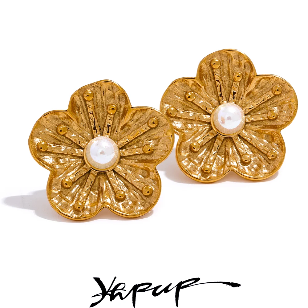 YhpupFashionFlowerImitationPearlsStudEarringsStainlessSteelWaterproofJewelryWomen18K