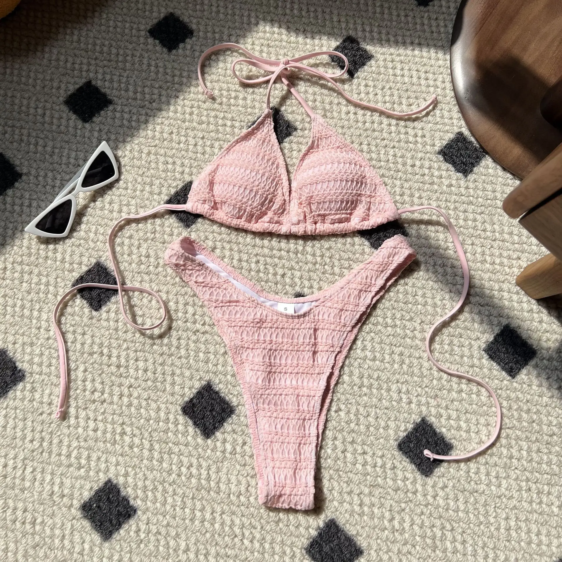 

Новинка 2024, однотонный бандажный женский купальник, розовый, синий, белый купальник, мини купальный костюм, бикини