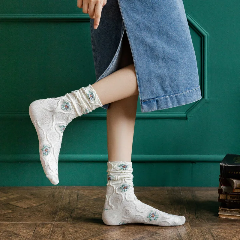 1Pair Korea Fashion Elegant Woman Lovely Floral Harajuku Socks Vintage Ethnic Cotton Candy Color Students Girls Dress Sox Autumn