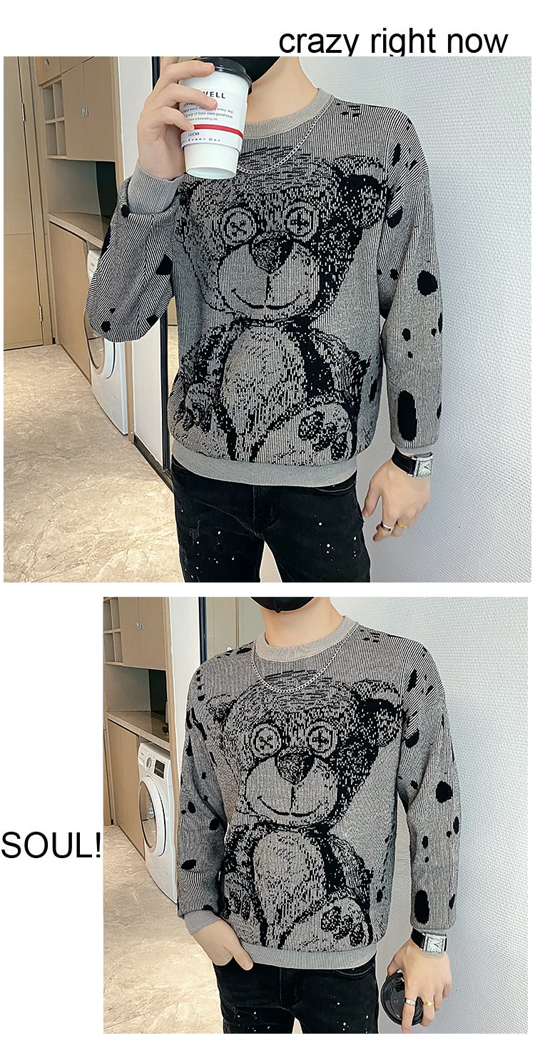 Luxury Large Cartoon Bear Pattern Mens Knitted Sweater Streetwear O-Neck  Slim Long Sleeved Pullover Sweaters Korean Men Clothes - AliExpress