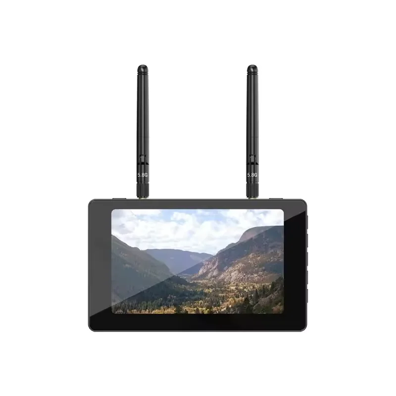 Écran du moniteur FPV 5 pouces affichant un menu OSD, avec le boîtier noir et les boutons de contrôle.
