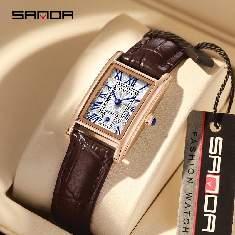 

Sanda Luxury Fashion Lady Watch Elegant Design Rectangle Dial Quartz Watches Leather Watchband Business Waterproof Relojes mujer