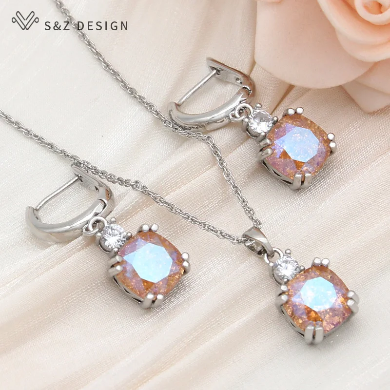 S&Z DESIGN New Fashion Maillard Autumn Winter Orange Square Crystal Jewelry Sets For Women 585 Rose Gold Color Drop Earrings