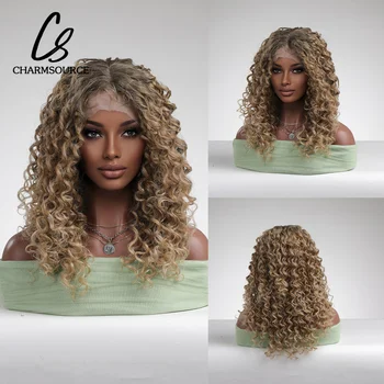 CharmSource Curly Lace Front Wig Ombre Brown Blonde Medium Long Synthetic Wig for Women Hair Party Daily Cosplay  High Quality