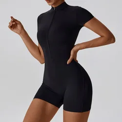 Summer Zipper Short Sleeve Women's Yoga Bodysuit - Push-Up Workout Jumpsuit and Dance Fitness Outfit - S (Advanced Black)