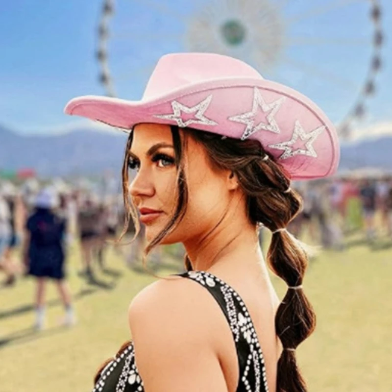 Stylish Rhinestone Star Pattern Cowgirl Cap Women Large Brim Western Felt Cowboy Hat for Stage Performance Club Dace Fedora Hat