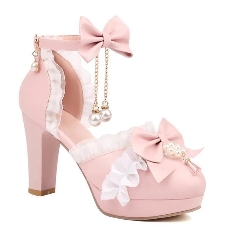 Girls High Heels Kids Princess Sandal Ladies Platform  Bow Lace Mary Jane Lolita Shoes Women Party High Heels  Women Pumps 30-43 4