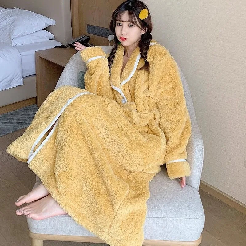 2023 New Autumn Winter Coral Velvet Nightgown Women Extended Flannel Loungewear Thickened with Velvet Sleepwear Loose Bathrobe