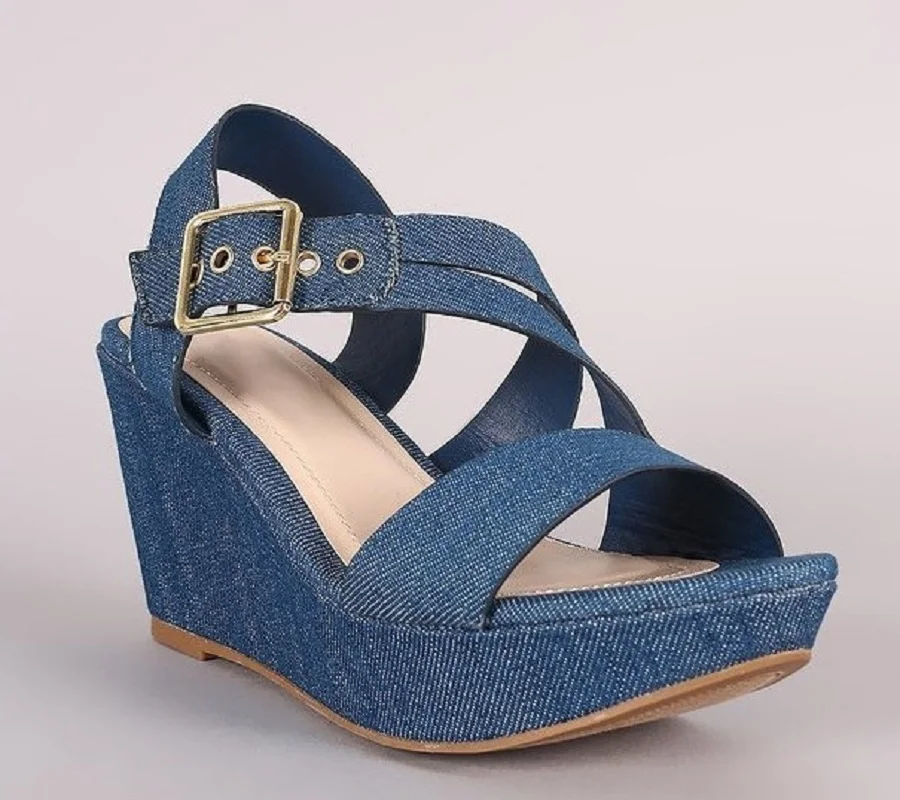 

Женские винтажные Босоножки на платформе, водонепроницаемые сандалии из денима, на танкетке, с пряжкой, в европейском и американском стиле, лето