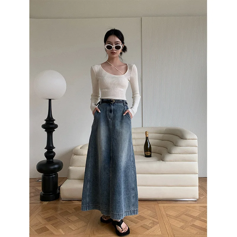 

Korean Washed-out Straight Back Slit Long Denim Skirt for Women New Skirts