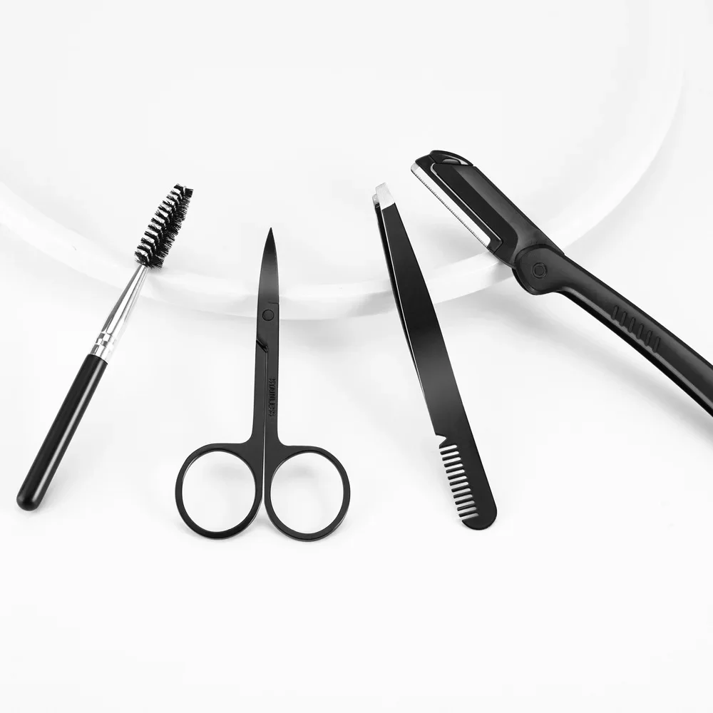 Eyebrow Trimmer Set Stainless Steel Scissors Tweezers Comb Razor