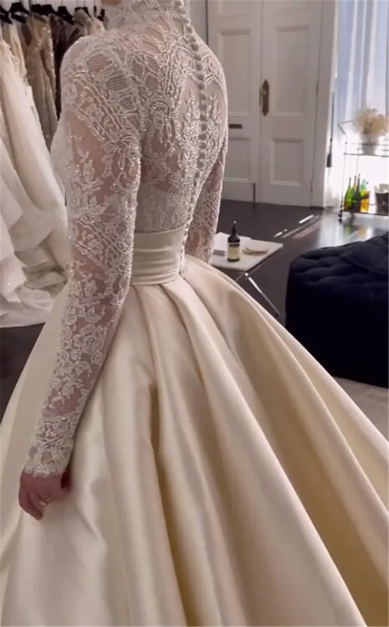 Customized Elegant A Line Lace Wedding Dresses High Neck Long Sleeves Button Back Sweep Train Ruffle robe de mariee Bridal Gowns