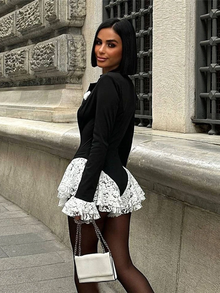 Nibber Hot Girls Flared Sleeve Bodysuits Woman Lace Patchwork Low-Neck Contrast Design Ruffles Hem Street Sexy Fashion Bodycon