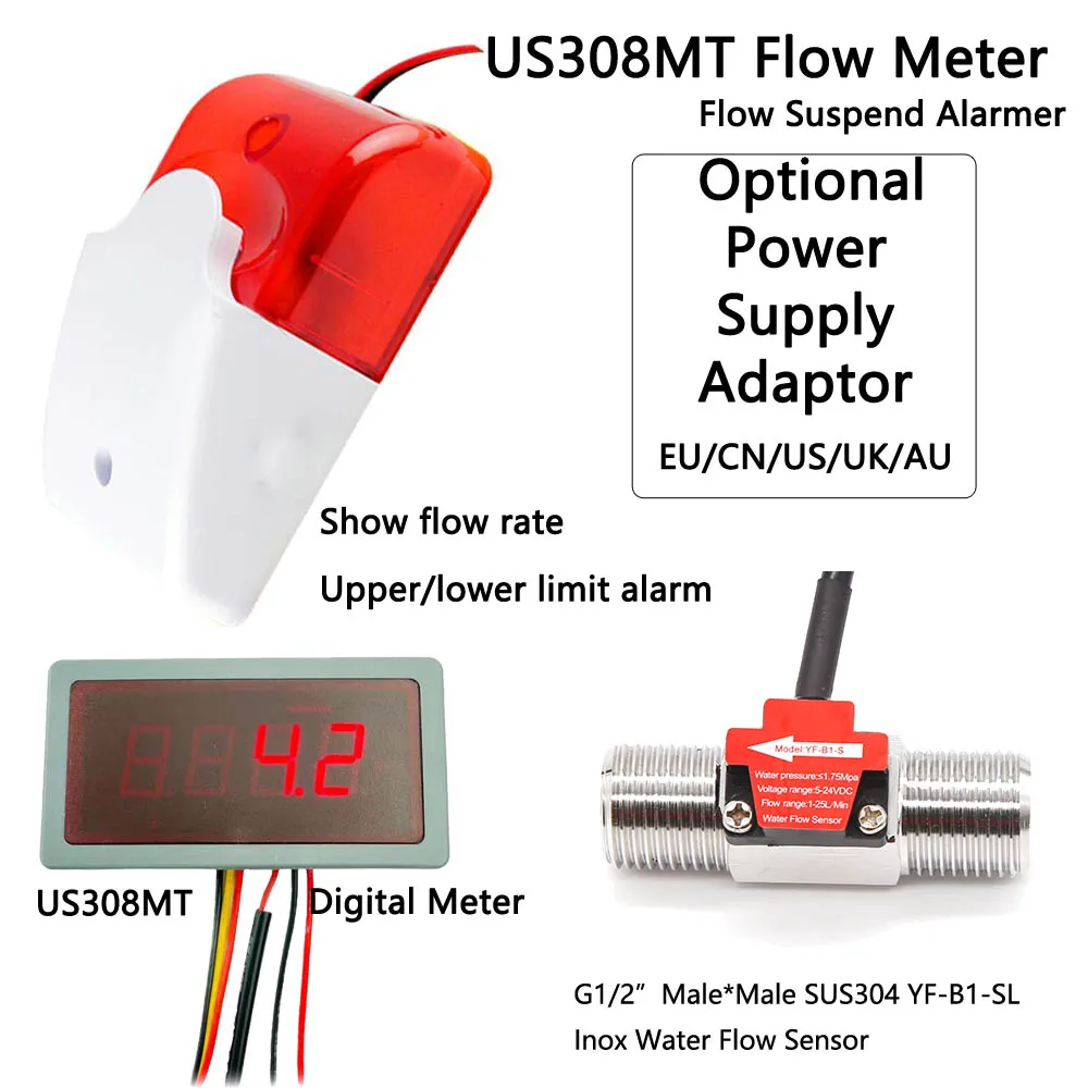 

US308MT Digital Flow Meter YF-B1-SL G1/2" 1-25L/min Flow Sensor Flowmeter and Suspend Alarmer Flow Rate Display 110dB with Light