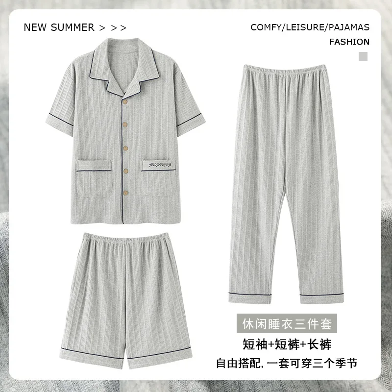 3 Pieces Cotton Men's Pajamas Set Spring Summer Korean Fashion Nightwear Plus Size M-4XL Home Clothes Male Young Boy Loungewear