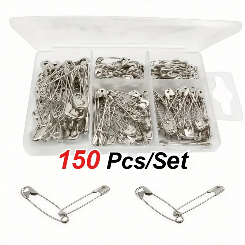 150 PCS/Set Five Types of Silver Safety Pins with a Durable Storage Box Multiple Fixed Small Pins for Home DIY Sewing Tool Set