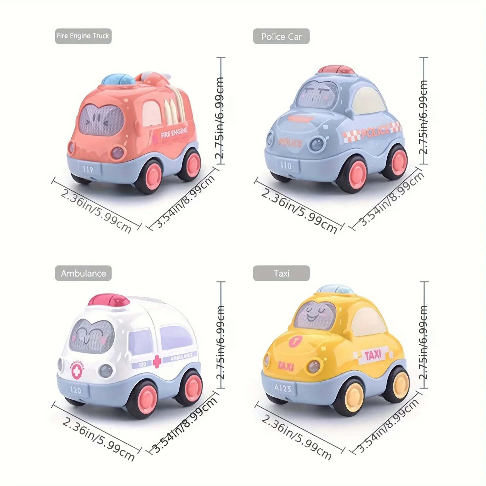 Pull Back Vehicle Toy Toddlers Cars with Lights & Sound, Police Car, Ambulance, Fire Truck, Taxi Birthday Party Gifts Toy - 3