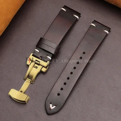 Vintage Oil Wax Leather Watchband Bracelet with Butterfly Buckle and Stitching Cowhide Strap - 22mm (DeepBrown - Gold)