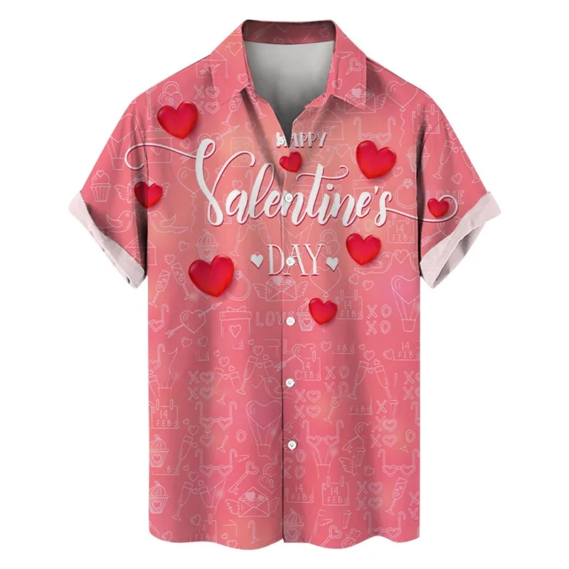 thumbnail image 1 of Camisetas de manga corta para hombre, con estampado 3D de amor, gráfico, camisas de botones para el día de San Valentín, blusa informal de verano para playa para hombre, 1 of 4