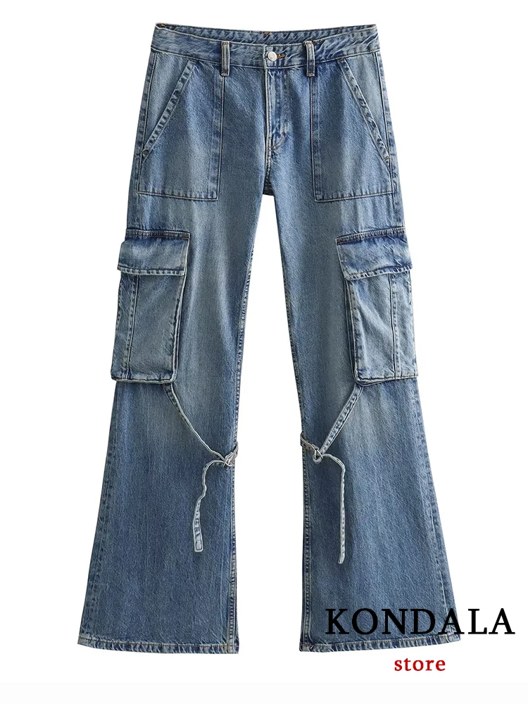 KONDALA Chic Denim Streetwear Women Flare Trousers Fashion
