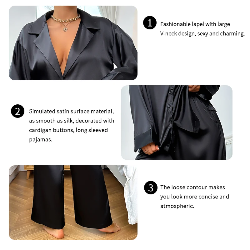 Women's Satin Silk Sleepwear Low Cut Sexy Home Clothes Pajamas For Femme Single-Breasted Long Sleeves Wide Leg Pants Trouser Set women pajamas set women pajama suit