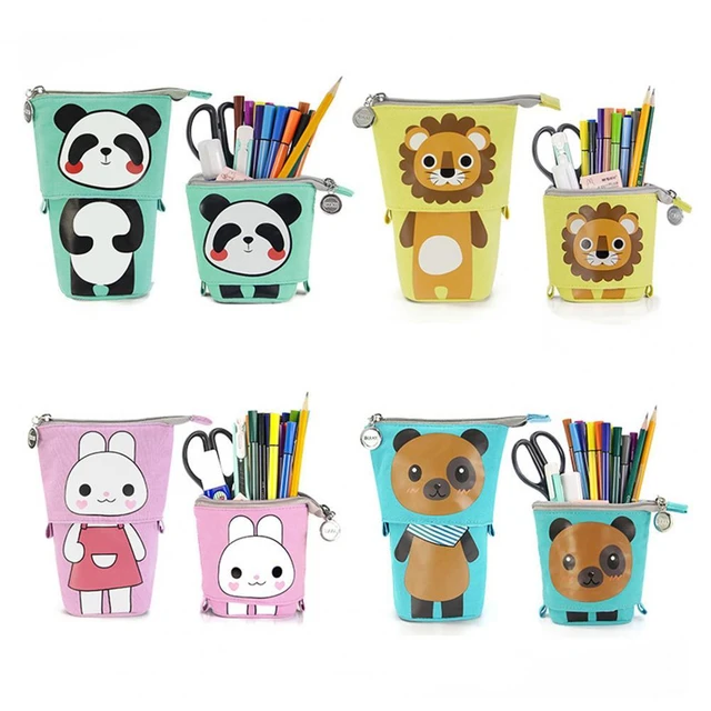 3 Pieces Telescopic Stand Up Pencil Case Box Stand Store Pencil Holder Cute  Cartoon Standing Pen Pouch(Cat, Bear, Unicorn)