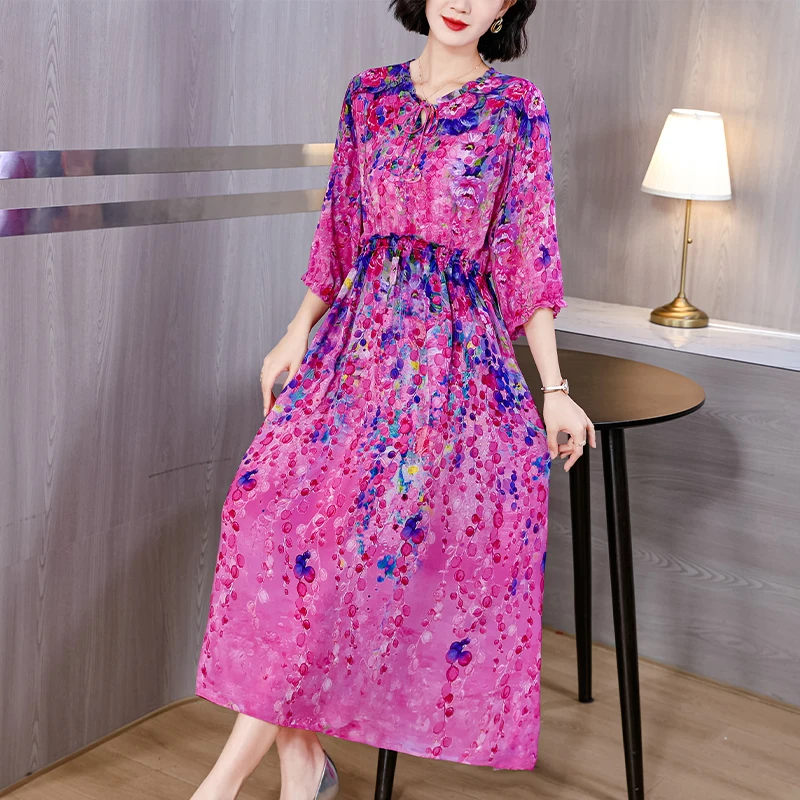 

Spring Fashion Versatile Silk Dress Women's French Loose Tight Printed Mid length Dress 2024 New Luxury Casual Party Vestidos