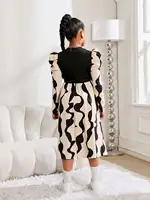 Robe géométrique à manches longues bouffantes pour fille, robe de princesse ample, élégante, vintage, décontractée, pour l'automne, pour 8 à 12 ans 2