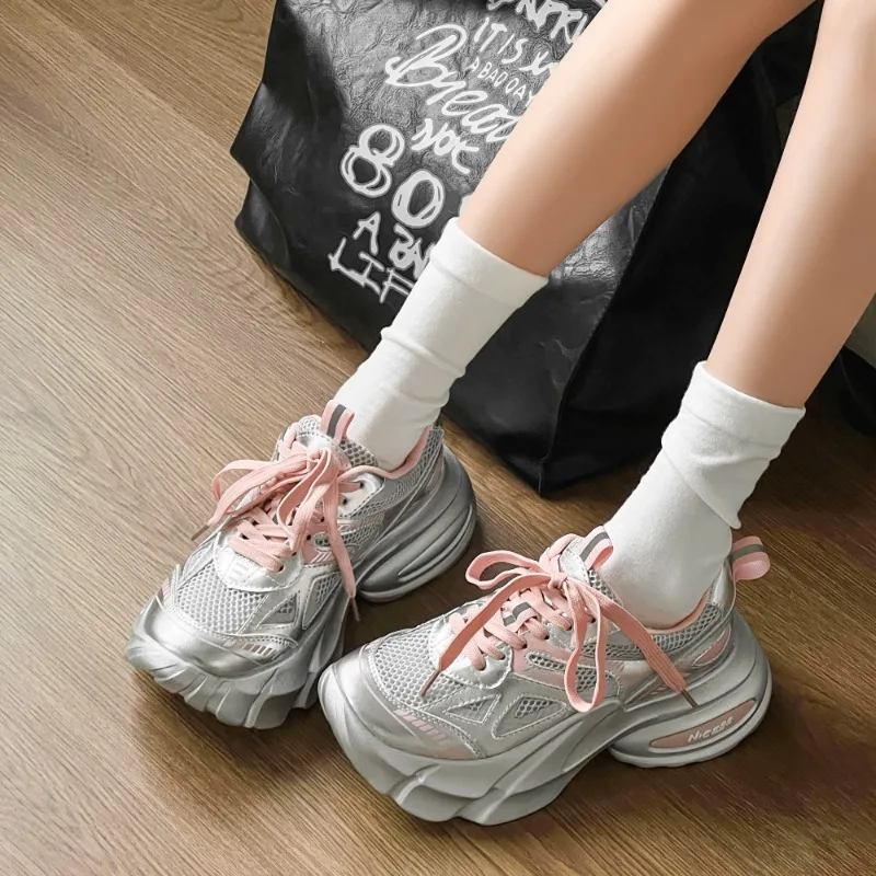 Chunky Sneakers Women Synthetic Leather Round Toe Lace-Up Thick Sole Ladies Shoes Handmade Breathable Ladies Shoes