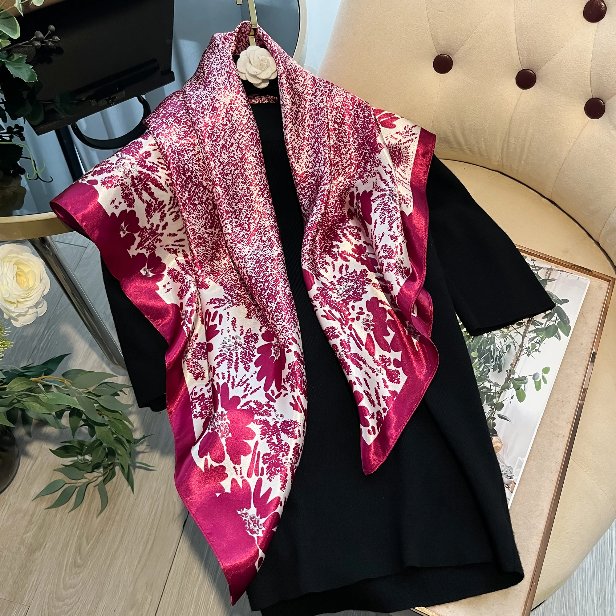 New Luxury Brand 90*90cm Silk Satin Square Scarf Women Hijab Bandana Headband Ladies Shawls Bag Wrap Muffler Neckerchief Foulard