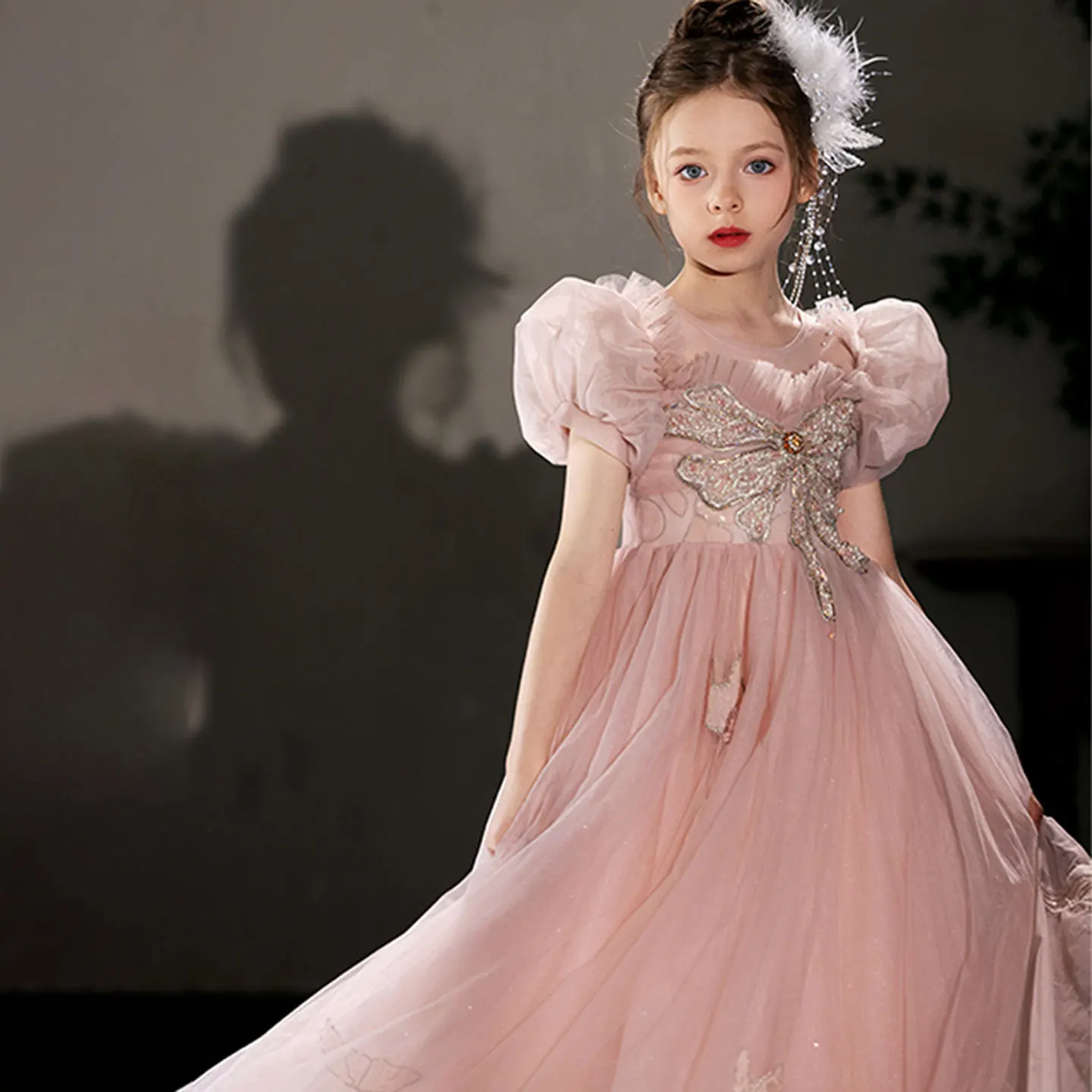 Jill Wish J022 Luxury Dusty Pink Flower Girl Dress Dubai Pearls