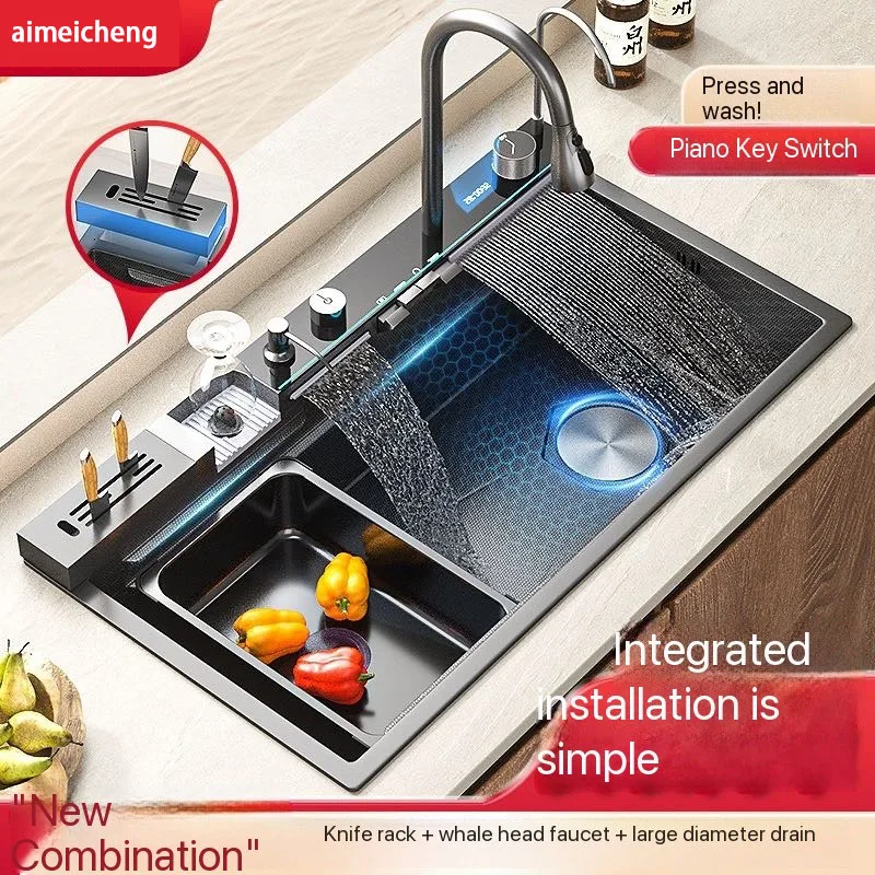 อ่างล้างจานแบบน้ำตกในตัว เทคโนโลยีรังผึ้ง จอแสดงผลดิจิตอลขนาดใหญ่ สแตนเลส เครื่องจ่ายสบู่เหลว เครื่องล้างถ้วย 1