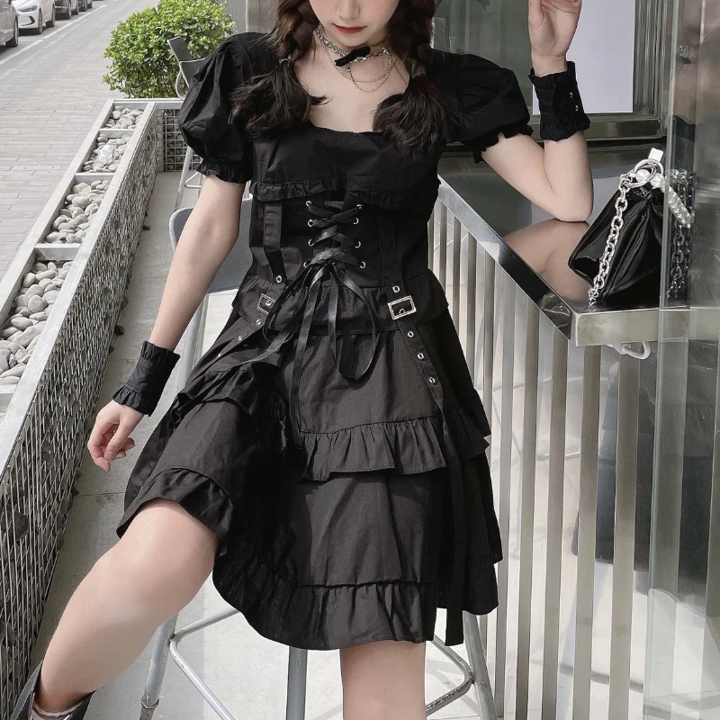 gótico de Lolita para mujer, ropa gótica Punk para estilo Harajuku, centro comercial, vendaje, Mini vestido, primavera - AliExpress