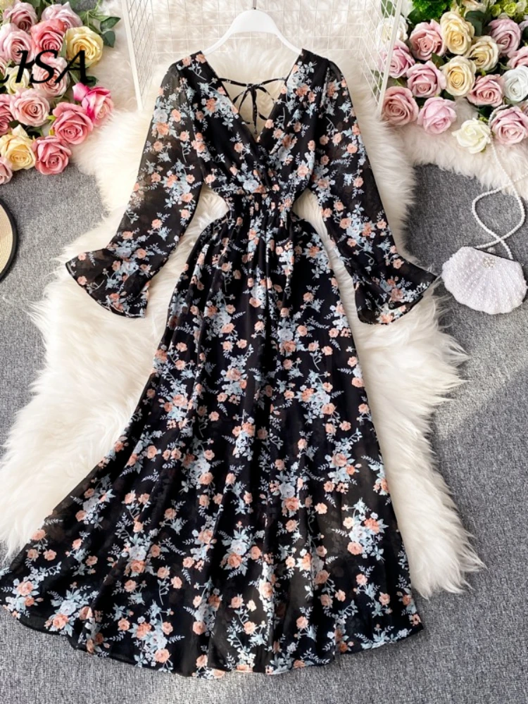 

New 2021 Spring Summer Chiffon Vintage Dress Women Slim Long Sleeve Sexy V-neck Floral Dresses Retro Ladies Midi Beach Long Robe