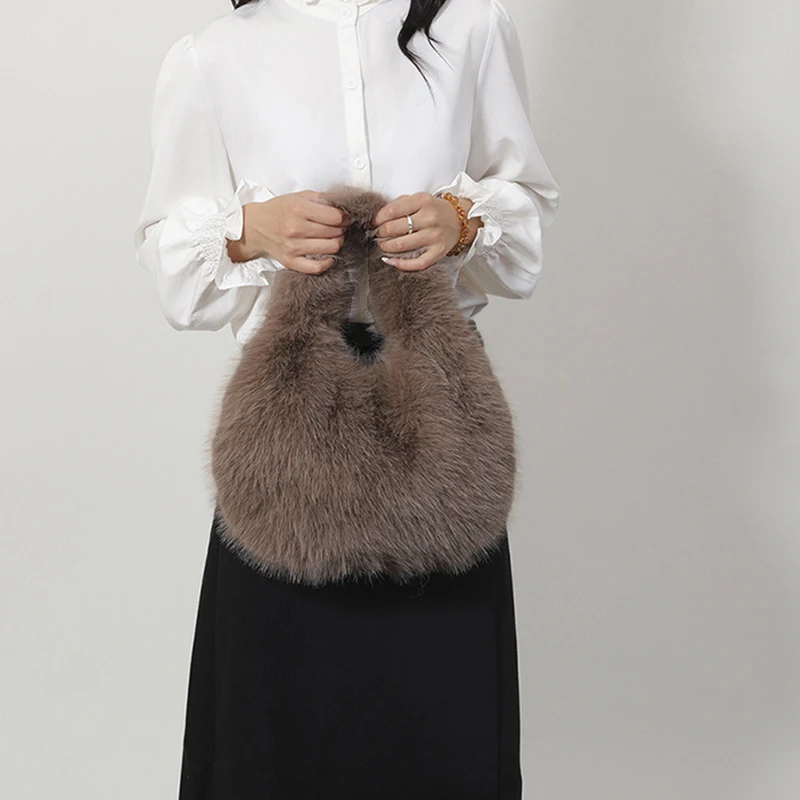 Neue Mode Weiche Plüsch Top Griff Taschen Frauen Designer Handgelenk Knoten Flauschigen Faux Pelz Dame Handtaschen Luxus Kleine Tote Weibliche Brieftasche – Detail 5