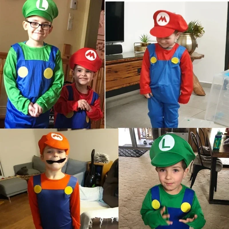 Anime Luigi Brothers Cosplay Costume Marios boy Jumpsuit Beard Hat Set Halloween Costume