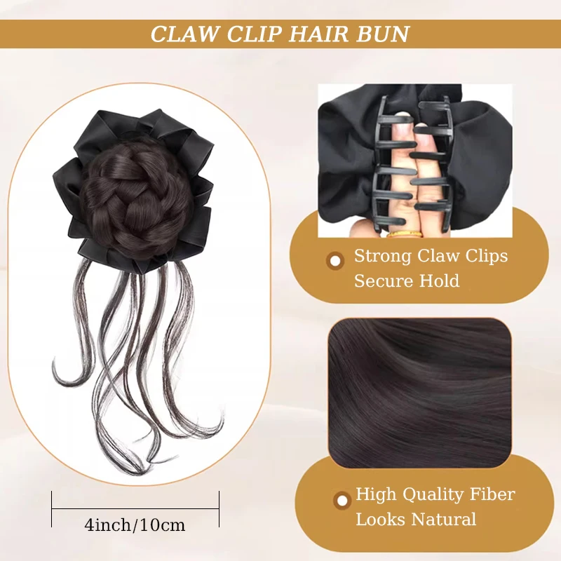 Synthetic Balletcore Braided Hair Bun Extensions Wig Claw Clip Updo Hair with Black Scrunchies Women Hairpiece for Daily Use