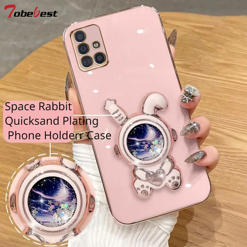 Space Rabbit Quicksand Plating Phone Bracket Case for Samsung Galaxy A04 A04E A03S A02S A03 Core A02 A01 Back Cover_voghion.com