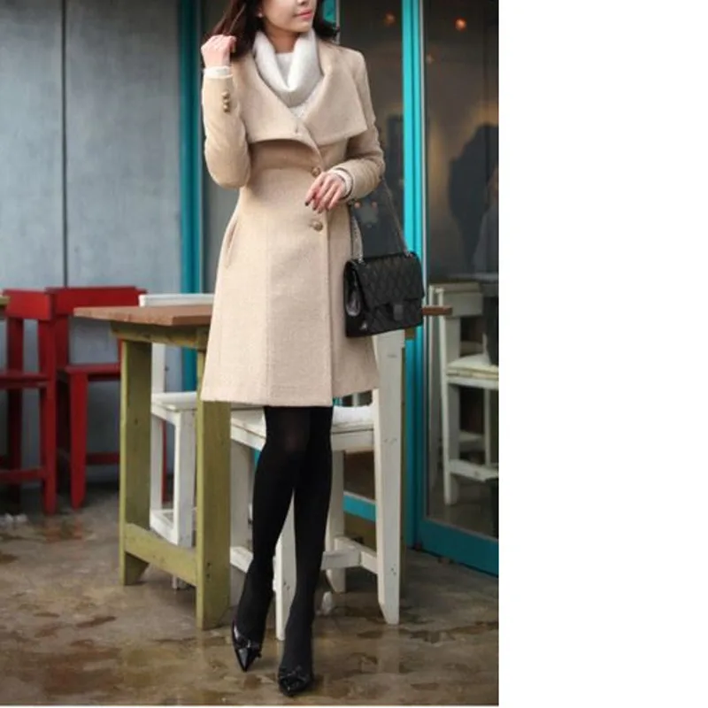 Women  New Fashion Lapel Wool Coat Ladies Autumn Winter Manteau Femme Overcoat Cotton Mixing High Quality Long Slim Coats