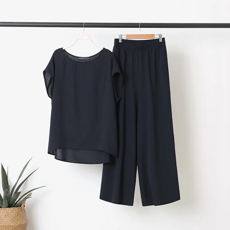 Loose Pants Set For Women Comfortable Loose Short Sleeve O-Neck Blouse + Long Wide Leg Pants 2 Pieces Set Casual Summer Outifits