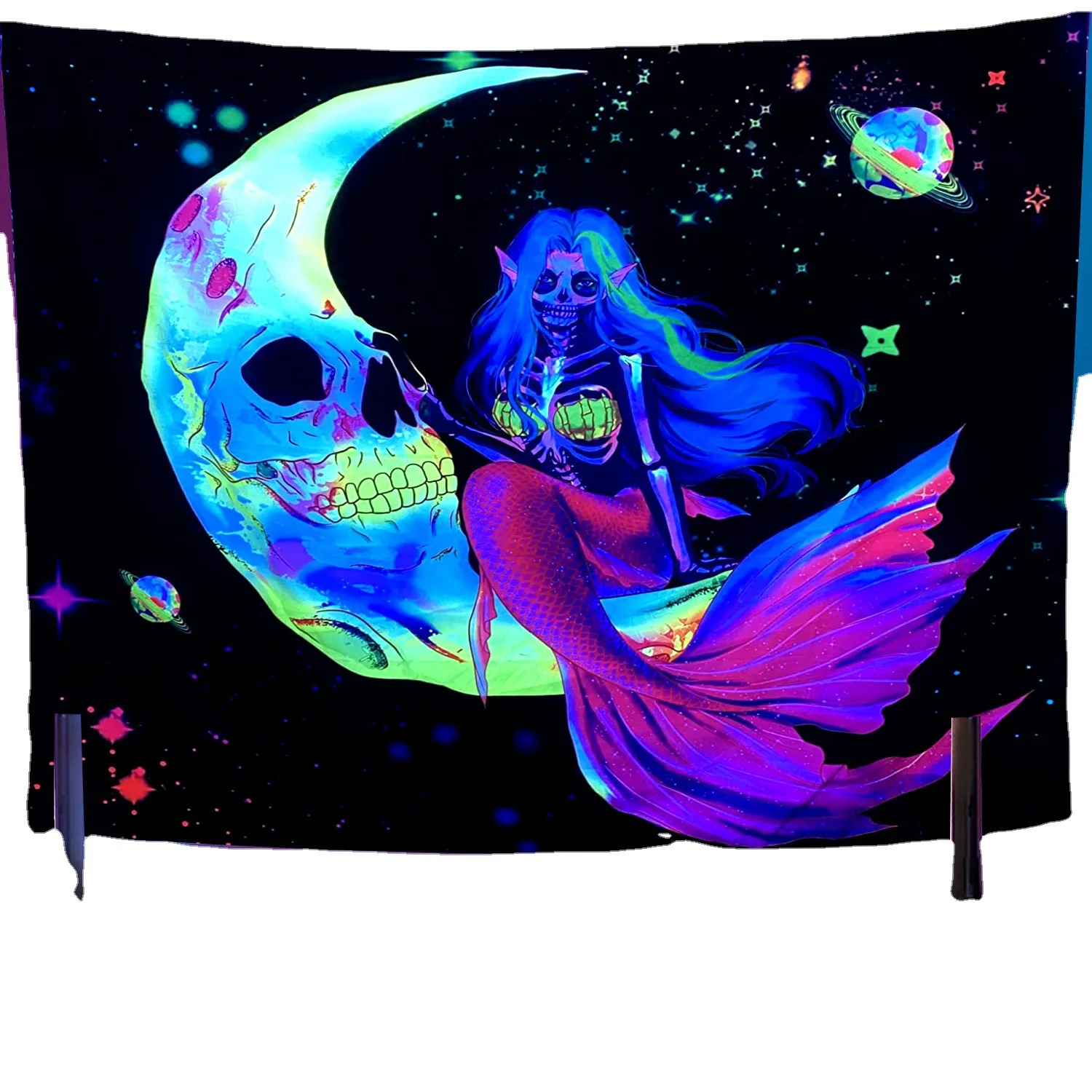 Large Blacklight Mushroom Tapestry UV Reactive Moon and Stars Tapestries Wall Hanging Aesthetic Tapestry Glow in The Dark