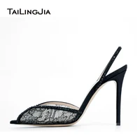 Luxury Shoes Women High Heels Pointy Peep Toe Lace Mesh Stiletto Sharp Heel Slingbacks With Crystals 1