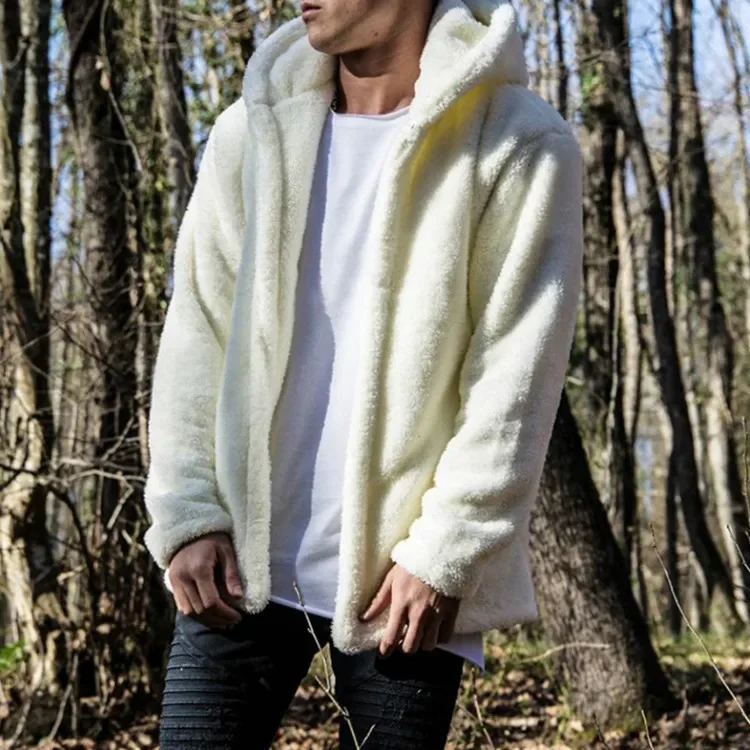 

Autumn Mens Warm Hooded Fluffy Fleece Jacket Large Size Long Sleeve Thick Windbreaker Fashion Loose Parka Men White Plush Coat