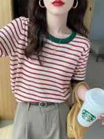 2026 Stripe Tops Women Knitted Round Collar Summer Print Short Sleeve Casual Simple Wild T-Shirt - Image 4