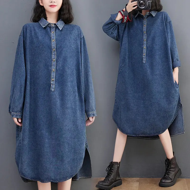 

Retro Nostalgic Denim Dress Women's 2022 Spring And Autumn Large Size Loose All-Match Lapel Collar Shirt Dress Jeans Robe T293