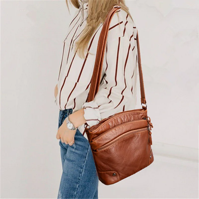 Retro Soft Leather Many Layer Zipper Crossbody Bag with Inner Pocket, Single Shoulder Bags for Women Daily Use Work Dates Travel