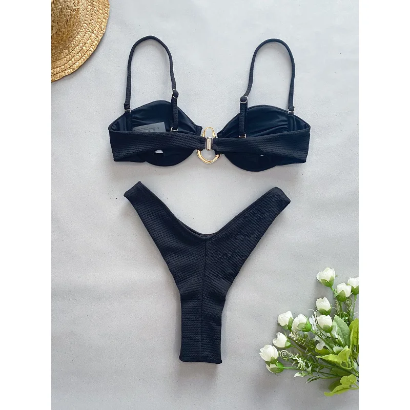 2024NewbikiniHigh Waist Bikini Solid Color Sexy Split Women's Swimsuit Swimsuit