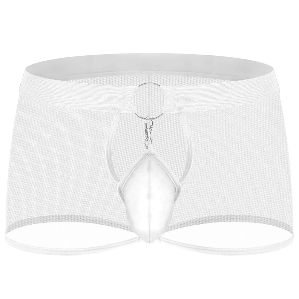 See Through Men Boxer Briefs Front O-ring Hoop Underwear Removeable Bugle Pouch Boxer Shorts Porn Jocky Boxershorts Man