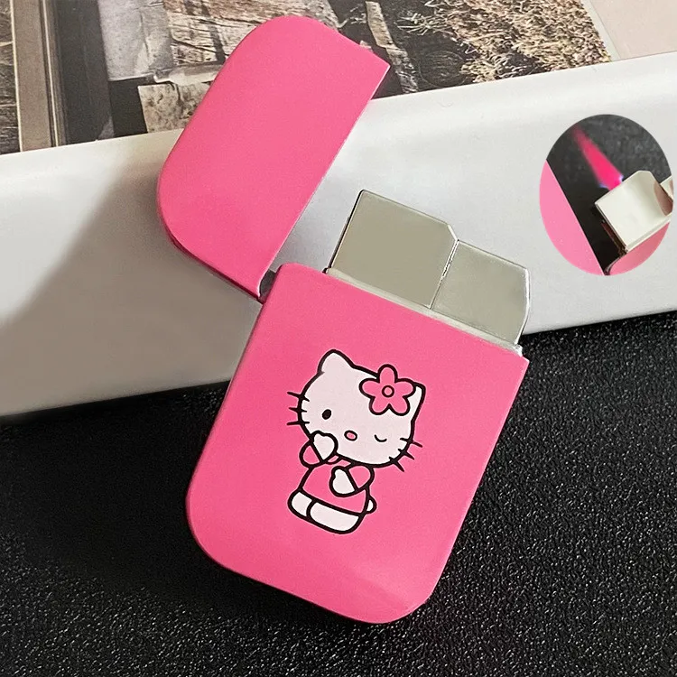 

Cartoon Anime Kawaii Kittys Pattern Butane Lighter Windproof Lighter Ultra-Thin Portable Pink Flame Cigarette Lighter Cool Gifts
